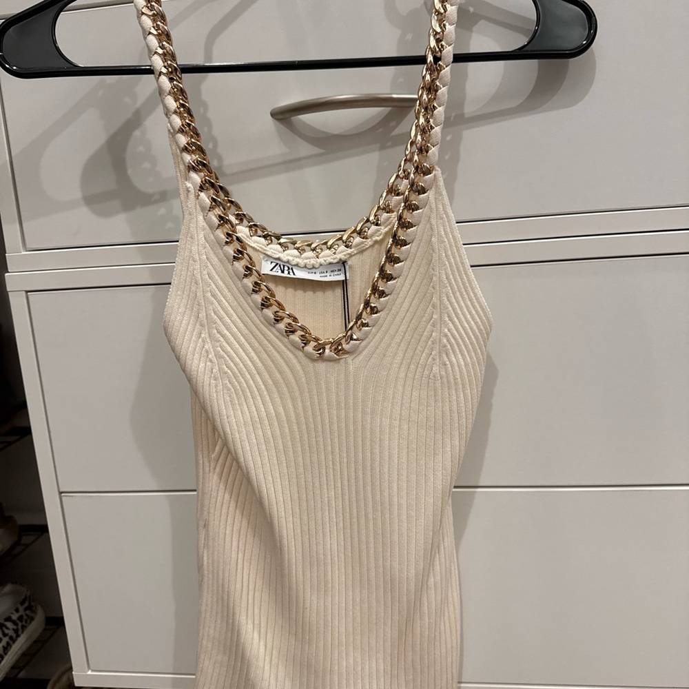 Zara Beige Ribbed Top with Gold Chain Straps